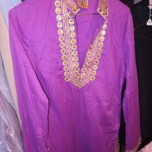 Magenta With Gold Embroidery Tunic By Tory Burch